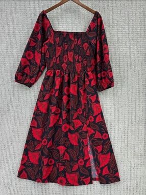 Red & Black Floral Square-Neck Midi Dress
